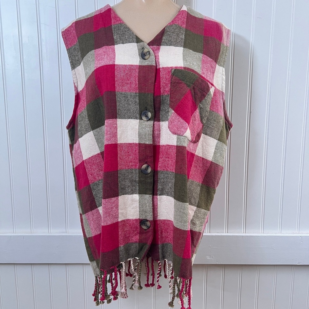 Sostanza Vest Western Prairie Pink Plaid Flannel Button Up Fringe Cottagecore S